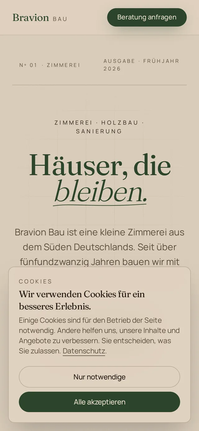 Mobile Ansicht der Website Bravion Zimmerei
