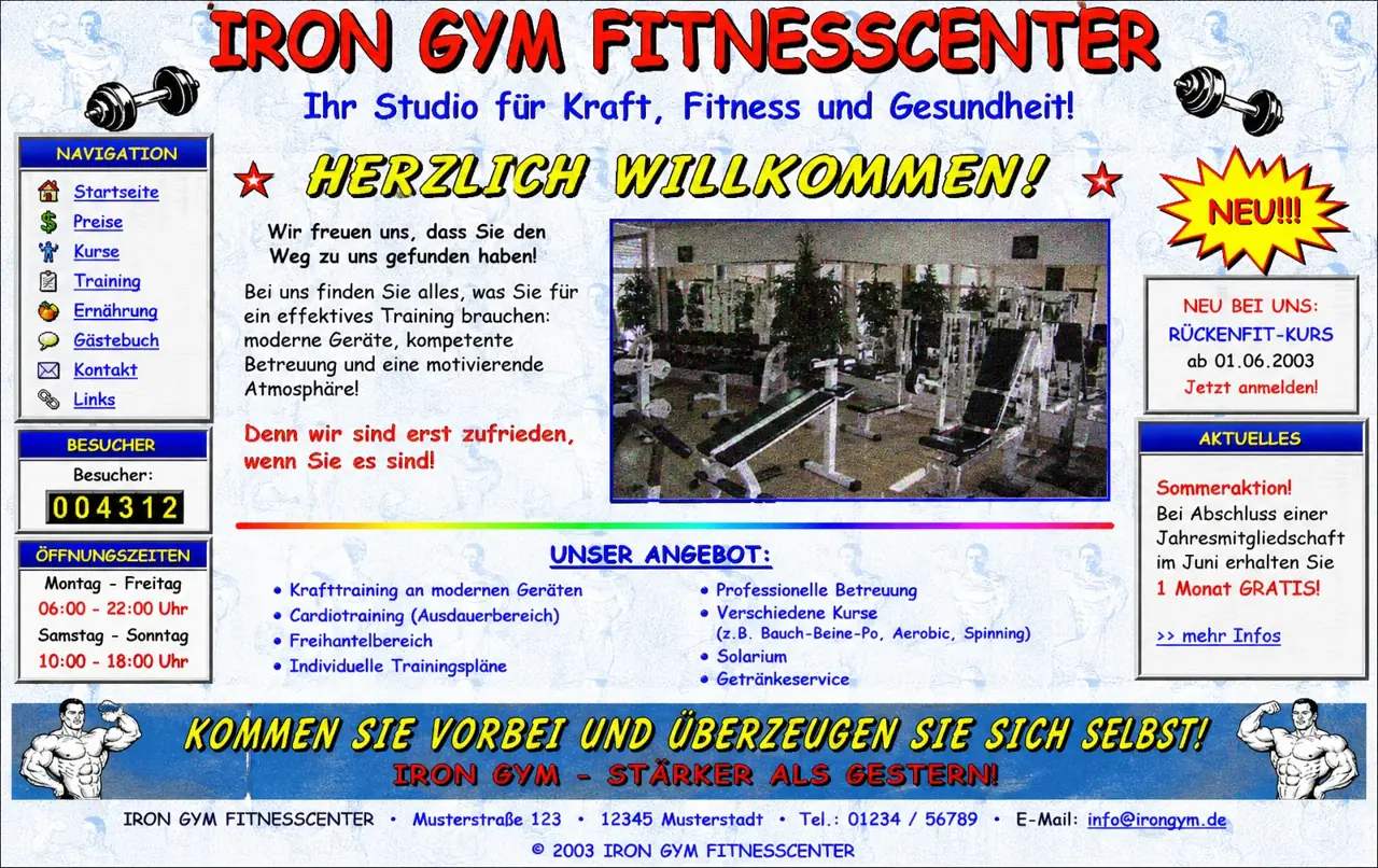 Veralteter Webauftritt eines Fitnessstudios als Vergleichsbeispiel